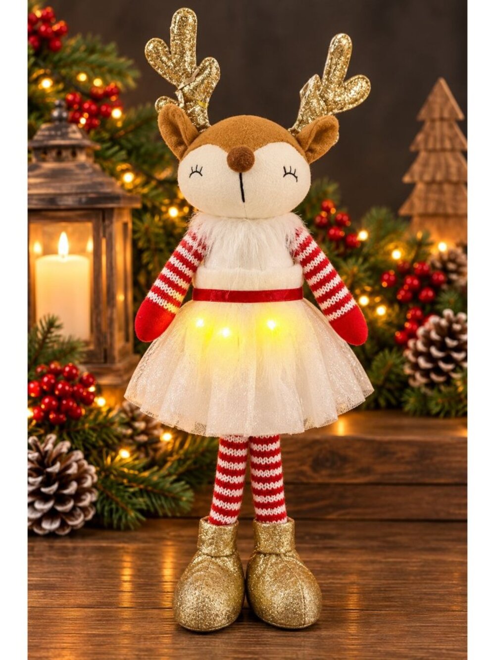 Lighted Christmas Reindeer Girl Woodland Decor Blinking Antlers Tulle Dress 15"